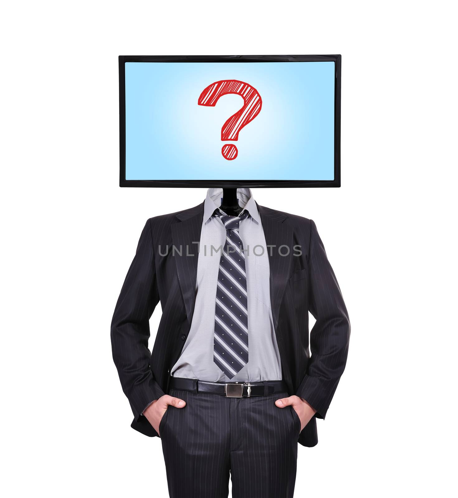 businessman and monitor with question  for a head