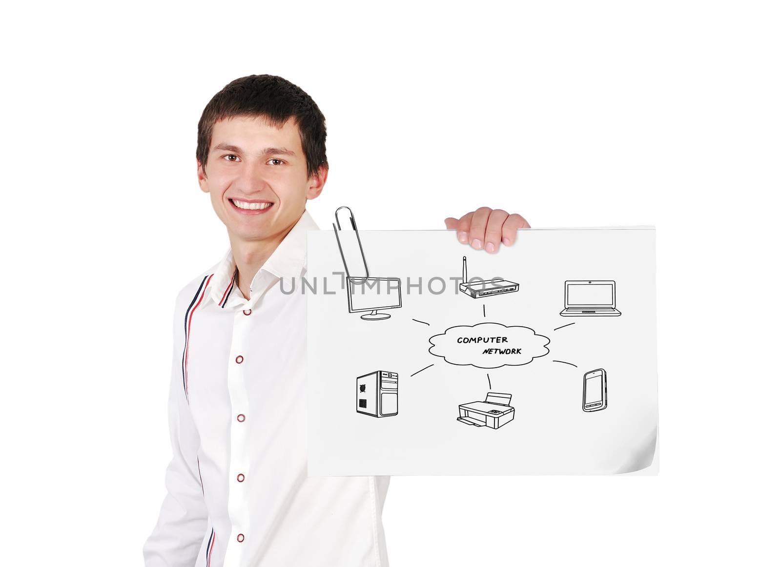 guy holding poster with computer network