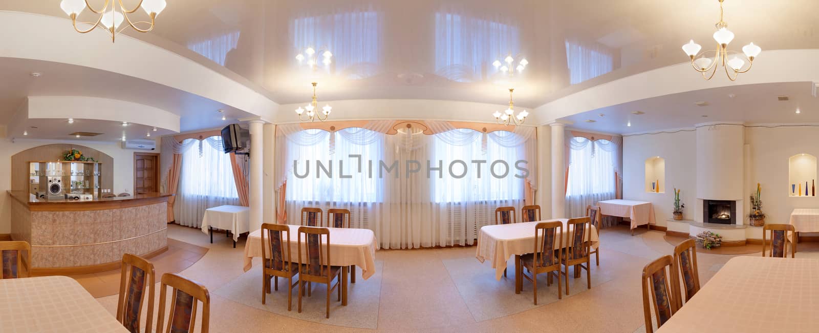 panorama of cafe with a set of tables