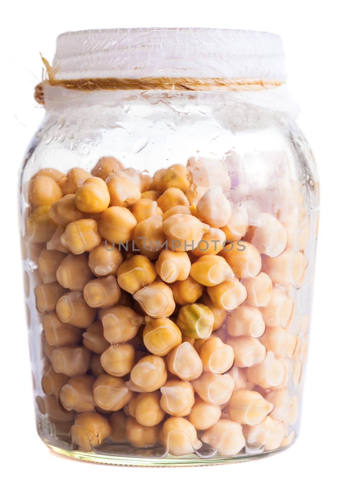 Wet Sprouting Chickpeas in a Glass Jar Isolated on White background