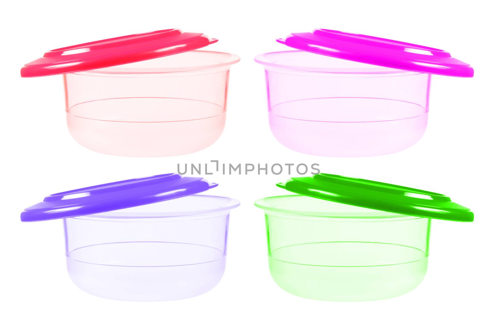Plastic containers for food with lid ajar  isolated on white. collage 