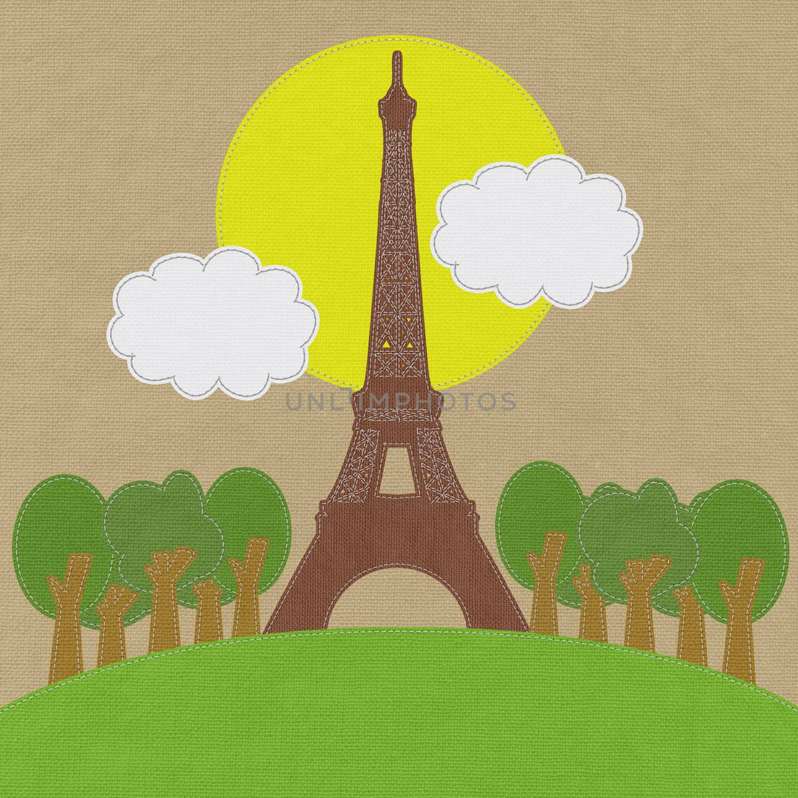 Eiffel tower, Paris. France in stitch style on fabric background by basketman23