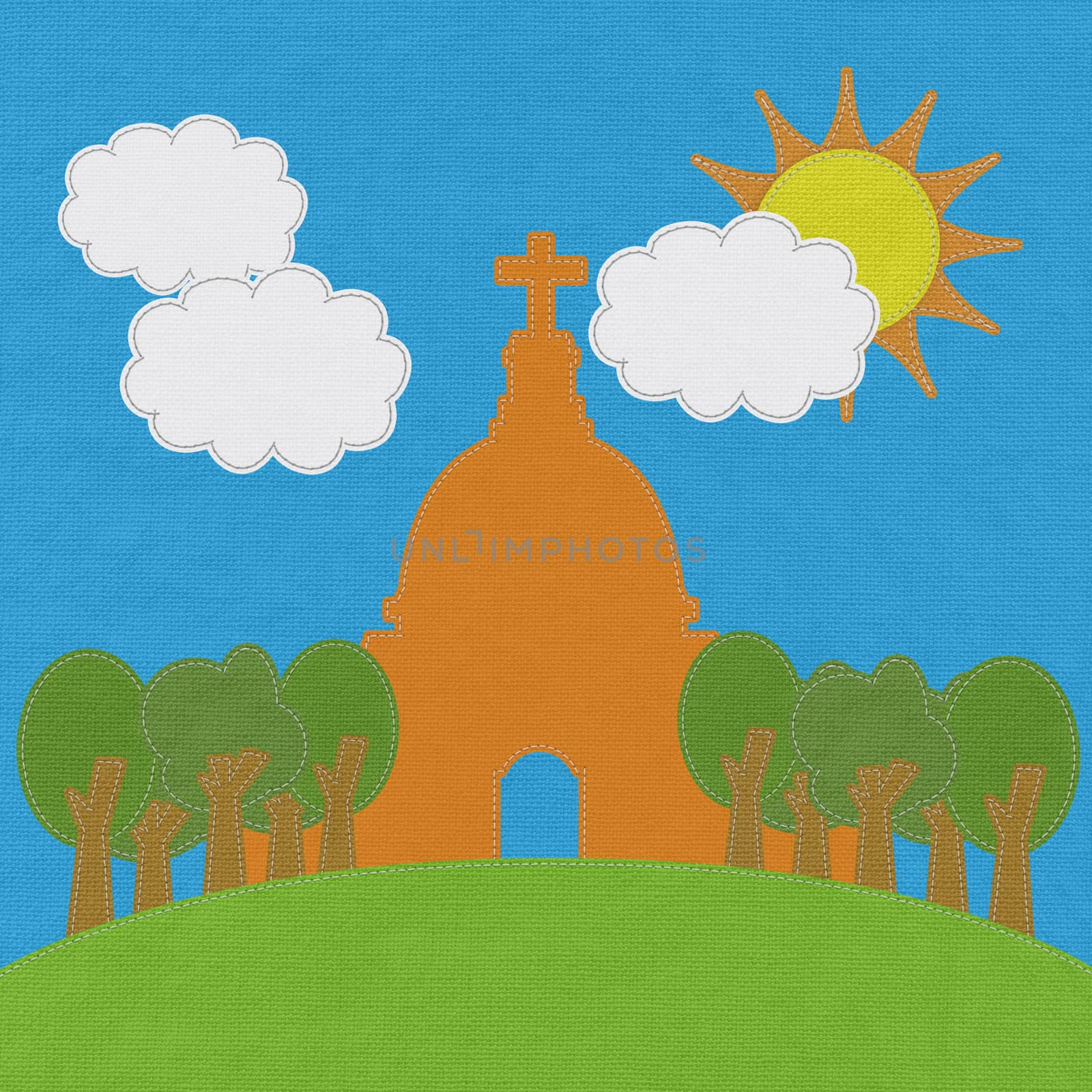 Chruch in stitch style on fabric background