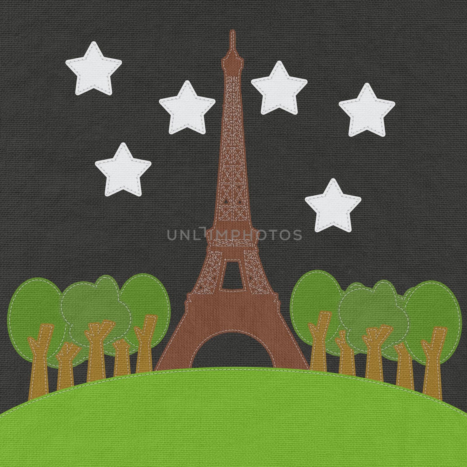 Eiffel tower, Paris. France in stitch style on fabric background