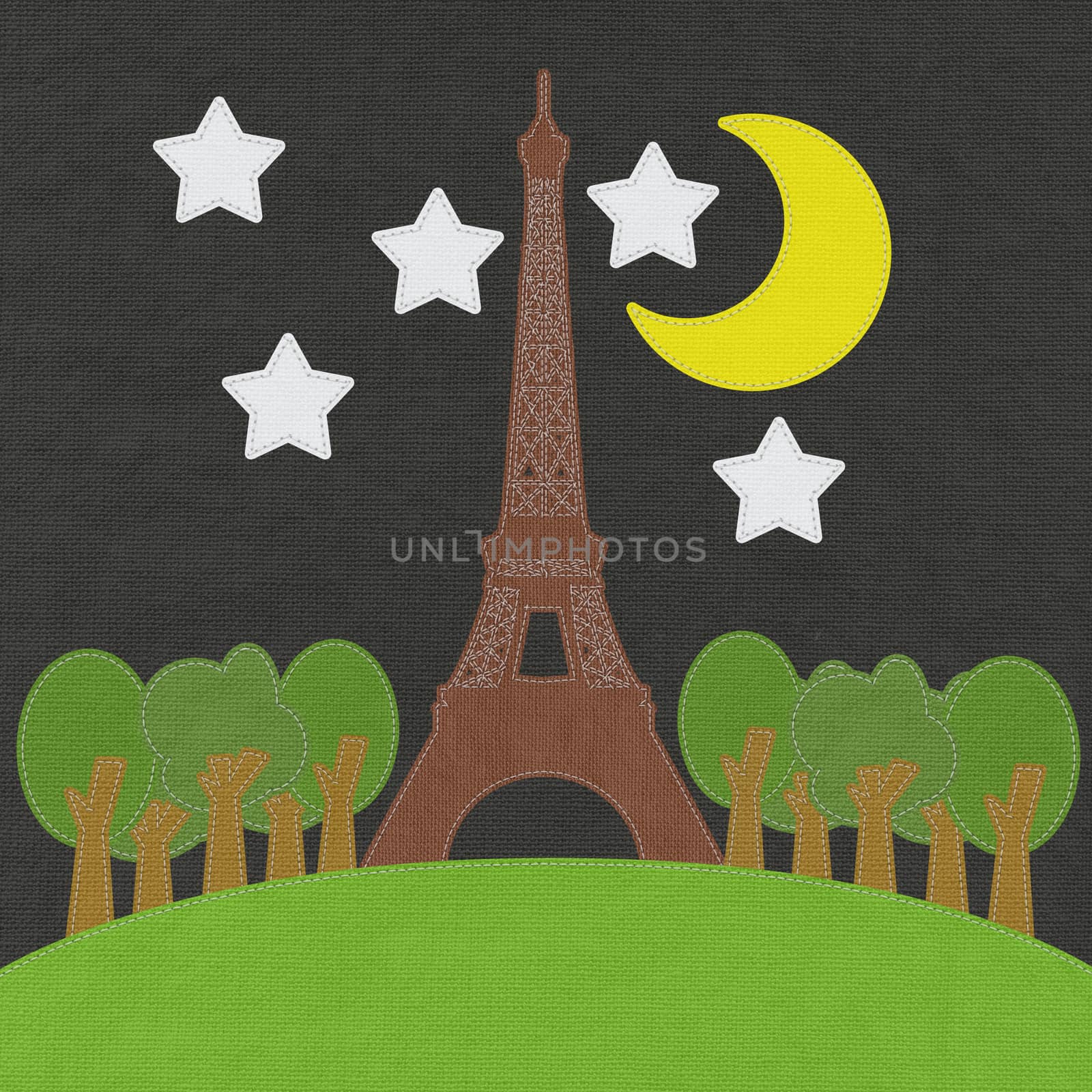 Eiffel tower, Paris. France in stitch style on fabric background