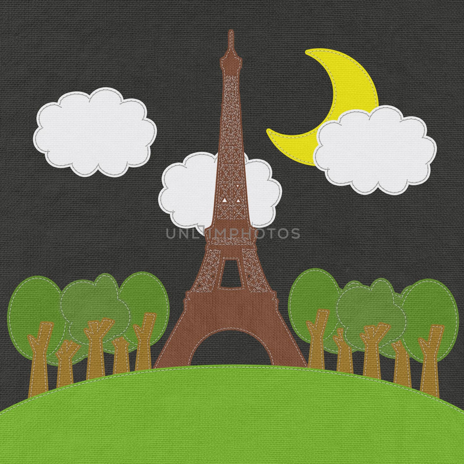 Eiffel tower, Paris. France in stitch style on fabric background