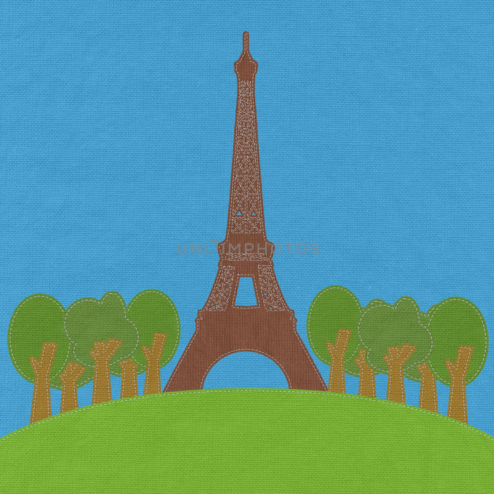 Eiffel tower, Paris. France in stitch style on fabric background