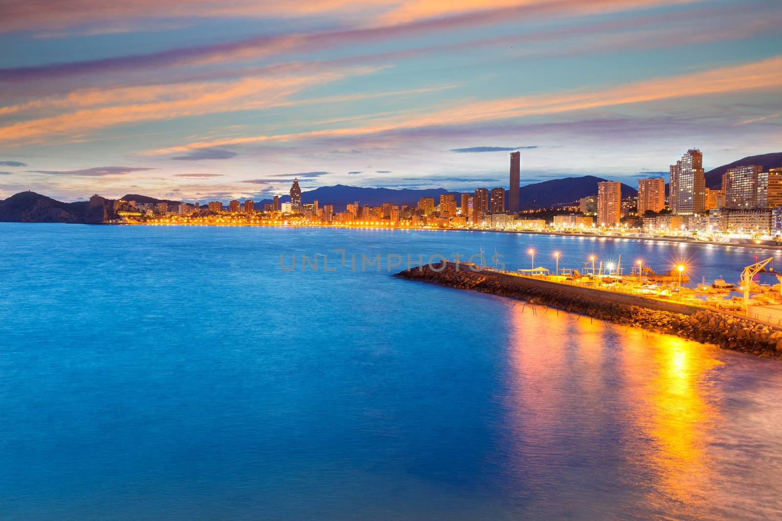 Benidorm Alicante sunset playa de Poniente beach in Spain Valencian community