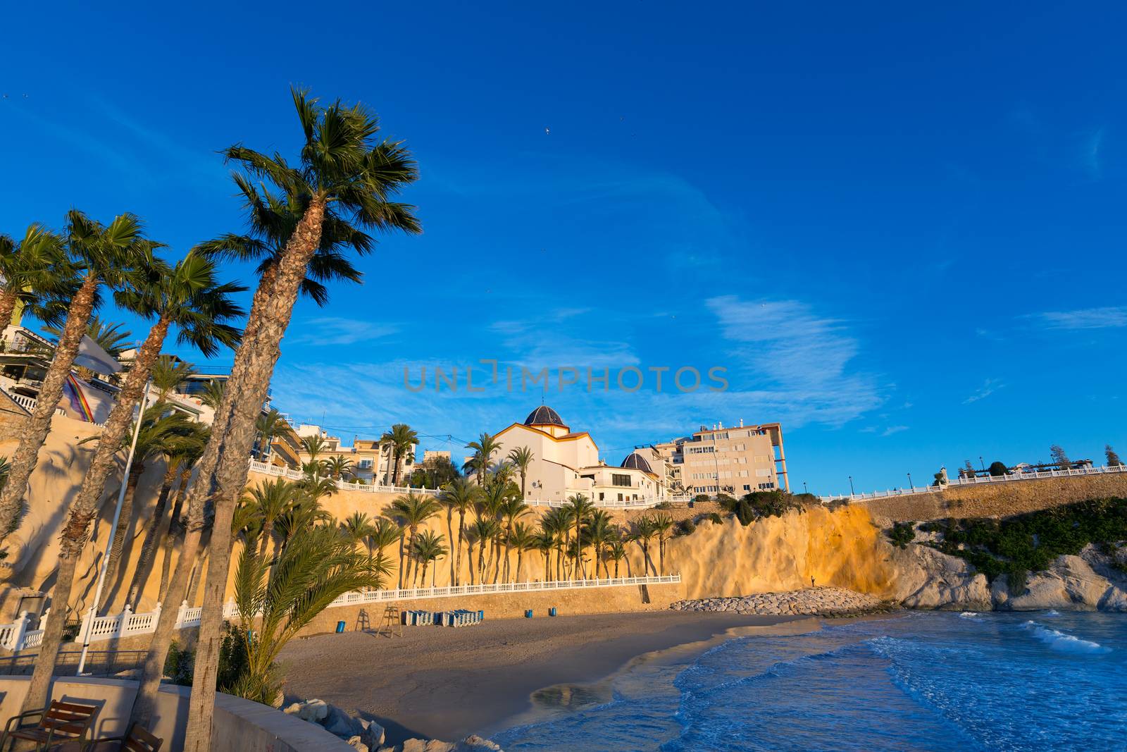 Benidorm Alicante playa del Mal Pas beach at sunset in Spain with palm trees