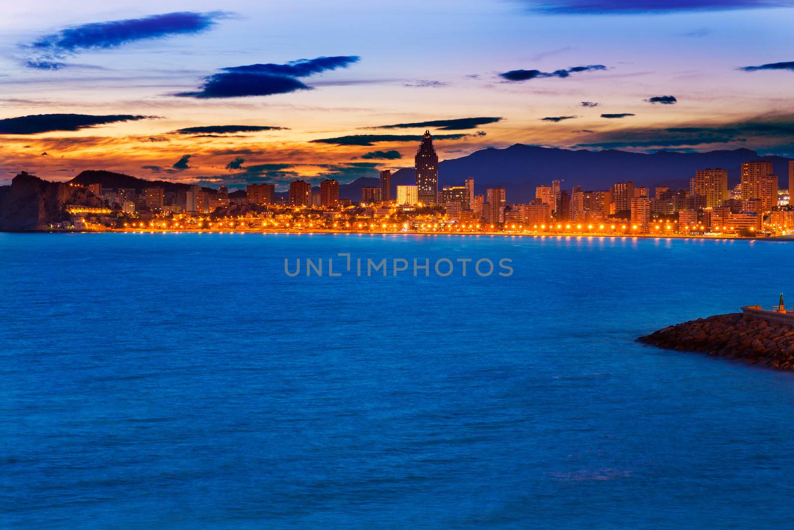 Benidorm Alicante sunset playa de Poniente beach in Spain Valencian community