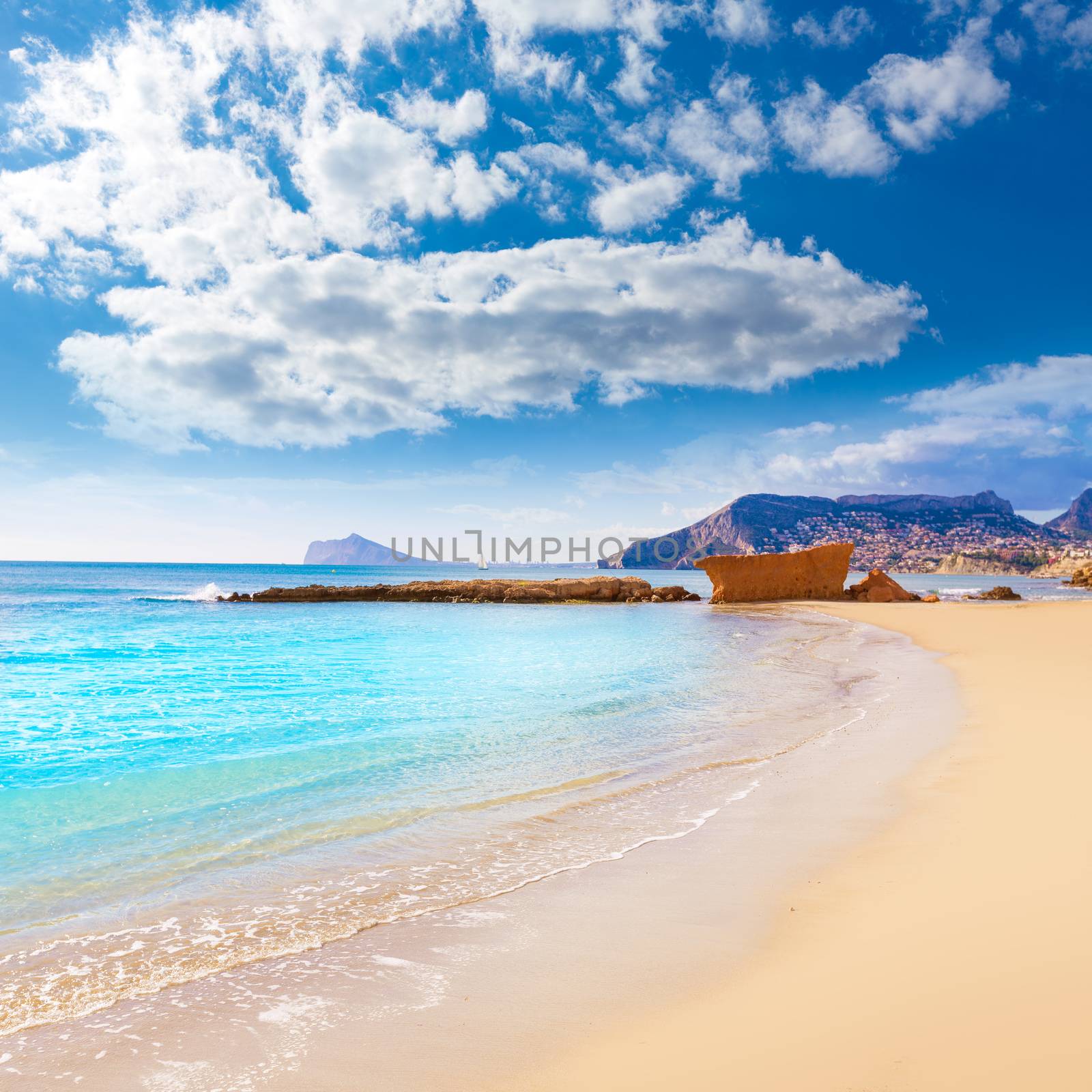 Calpe playa Cantal Roig beach near Penon de Ifach at Alicante spain