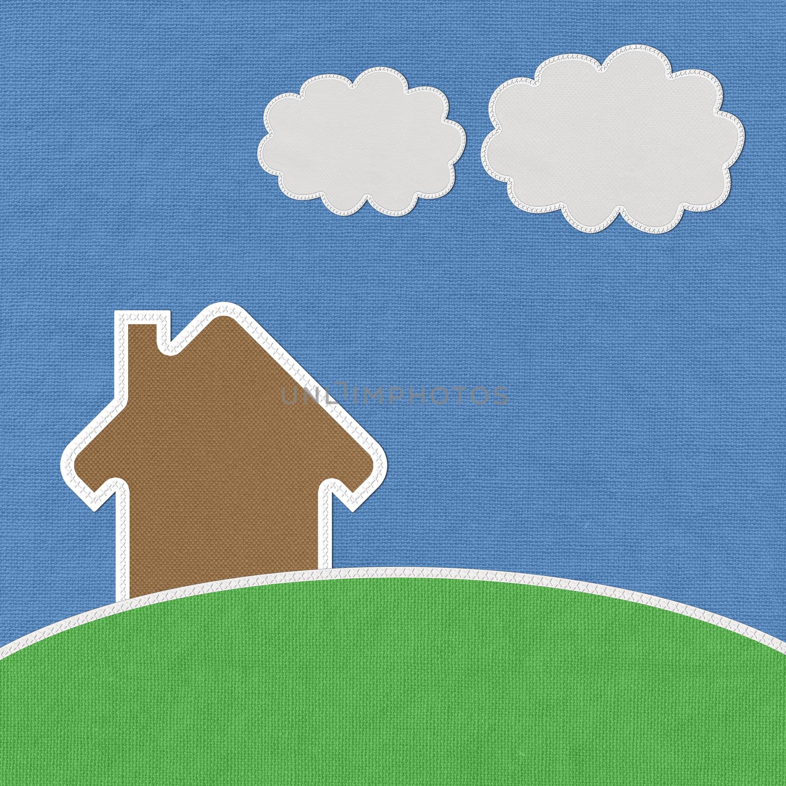 Landscape of green grass and home with stitch style on fabrix background