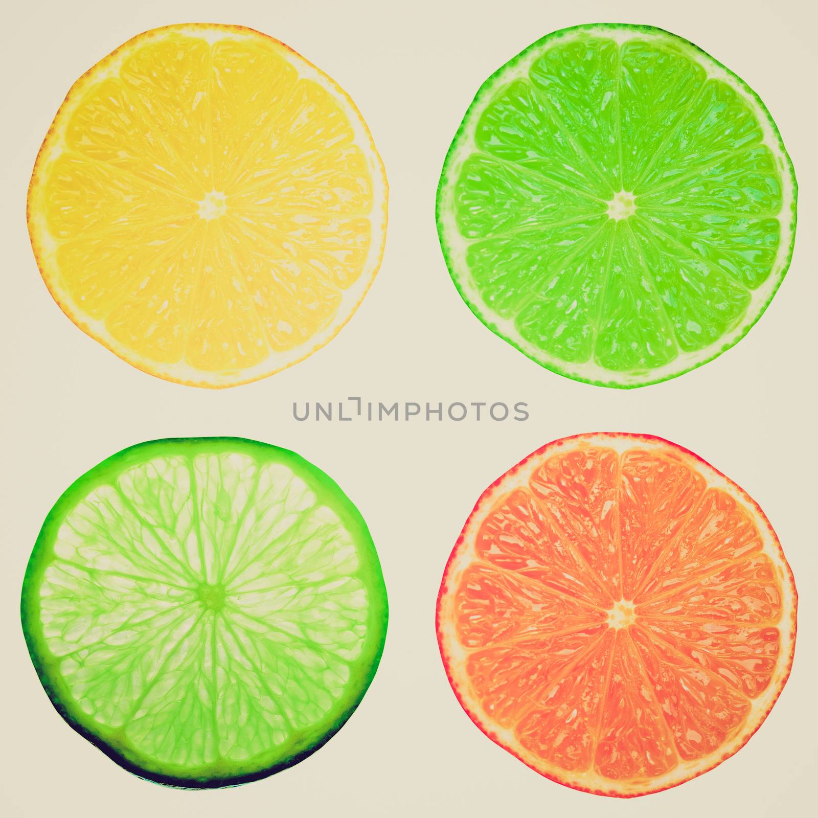 Vintage retro looking Food collage set of agrume slices including lemon lime and orange fruit