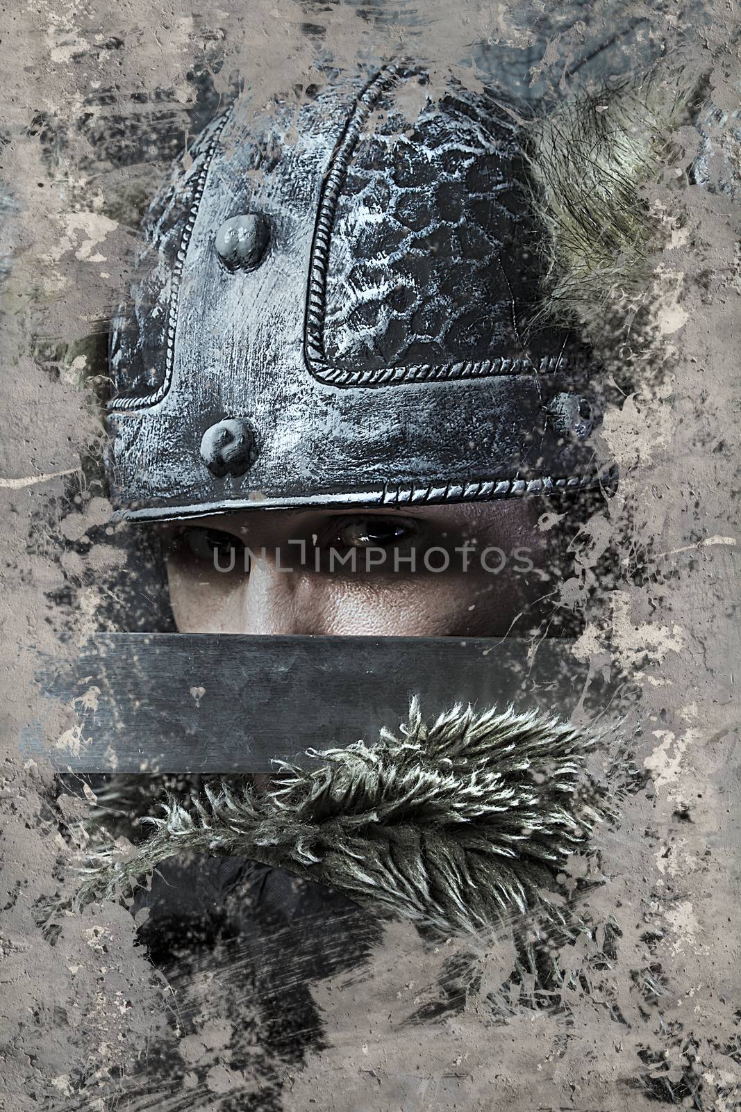 Viking warrior with helmet over vintage textured background