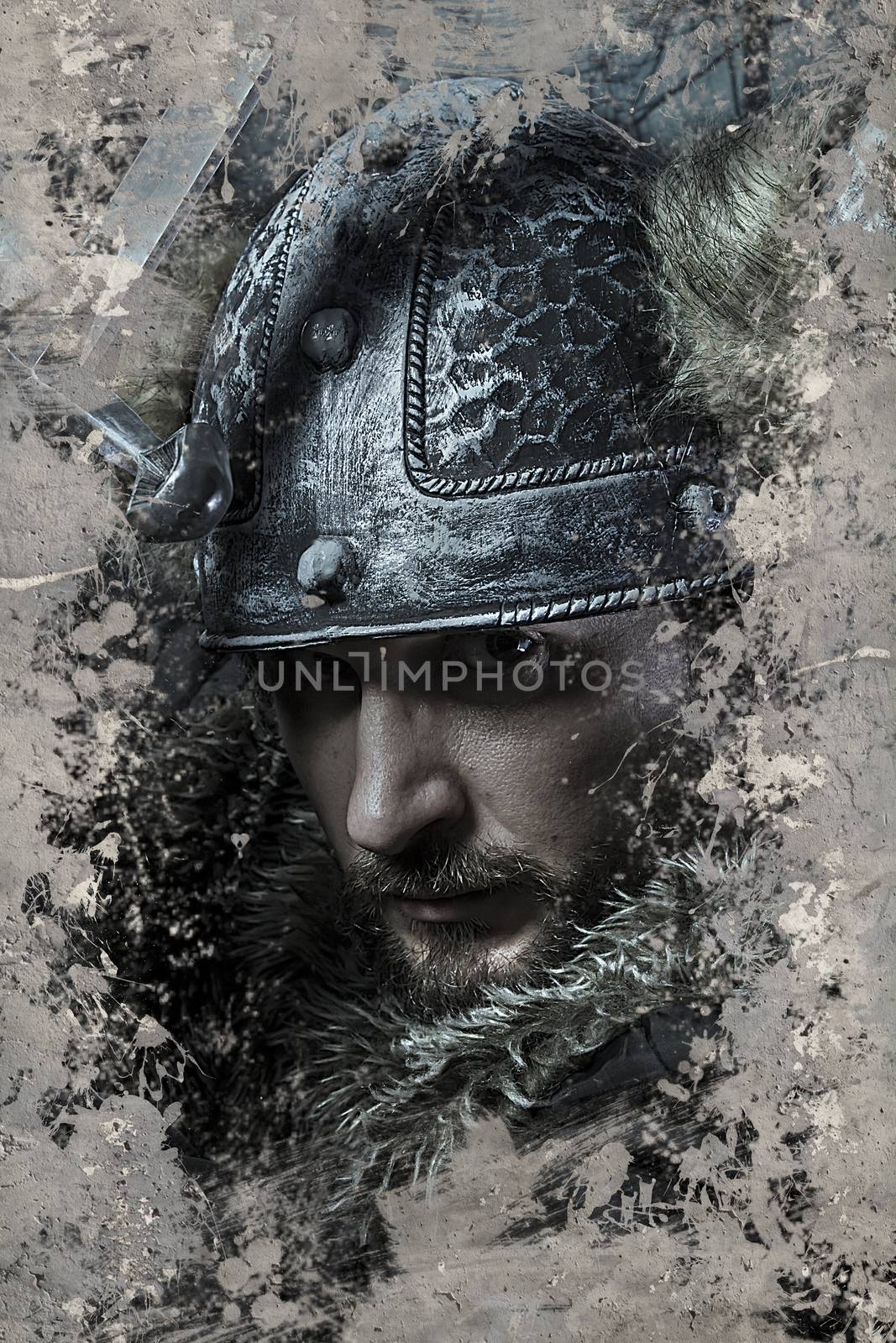 Viking warrior with helmet over vintage textured background