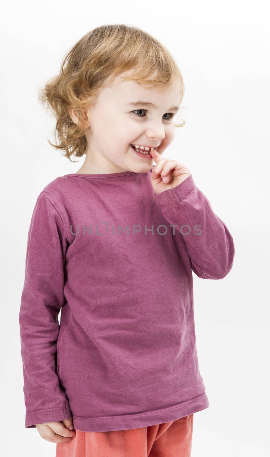 abashed young girl in light grey background by gewoldi