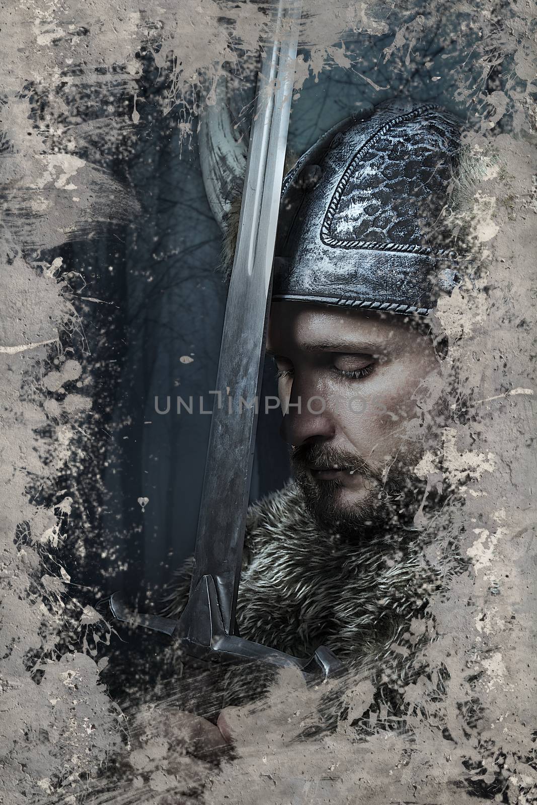 Viking warrior with helmet over vintage textured background