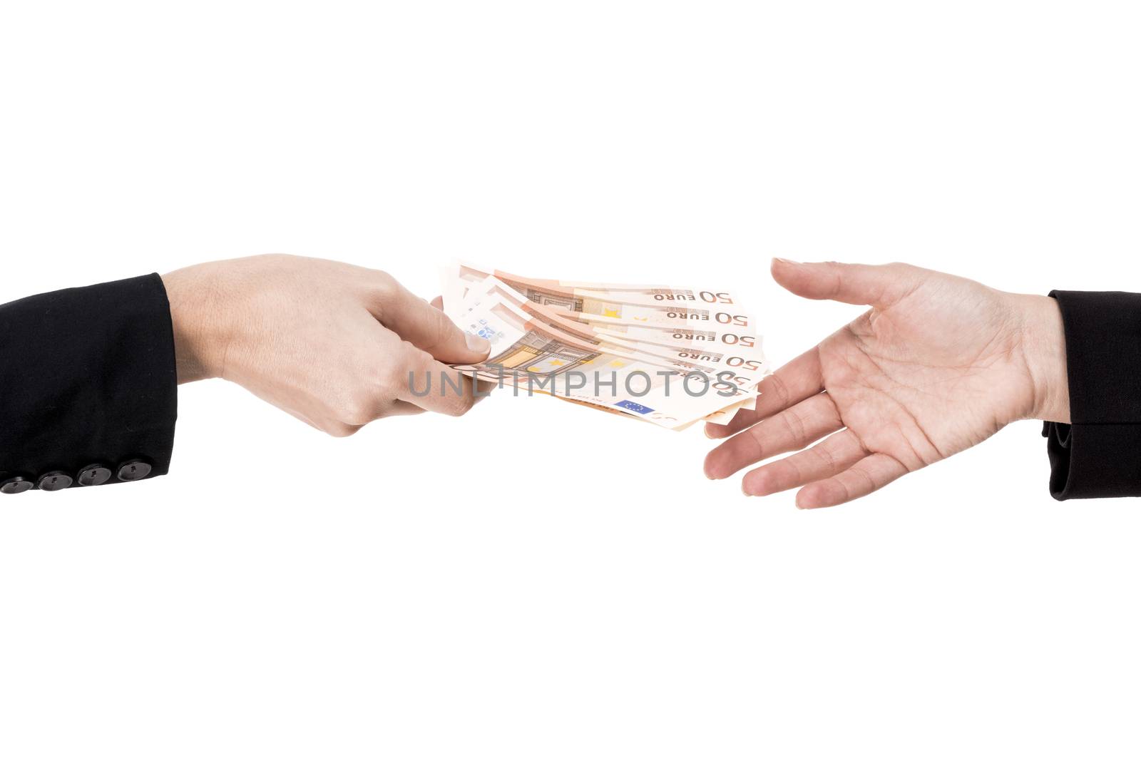 Concept image of hands making and receiving a payment, isolated over white background