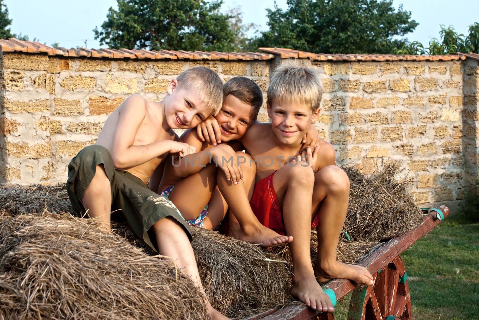 boys sitting on a hay bale