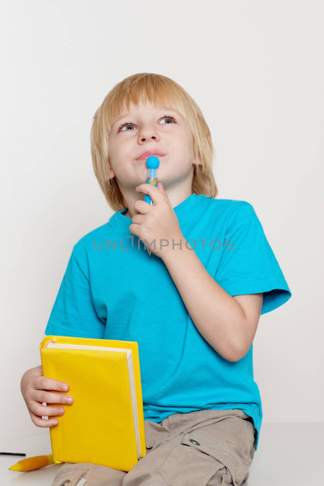 The nice boy with book and a ball pen