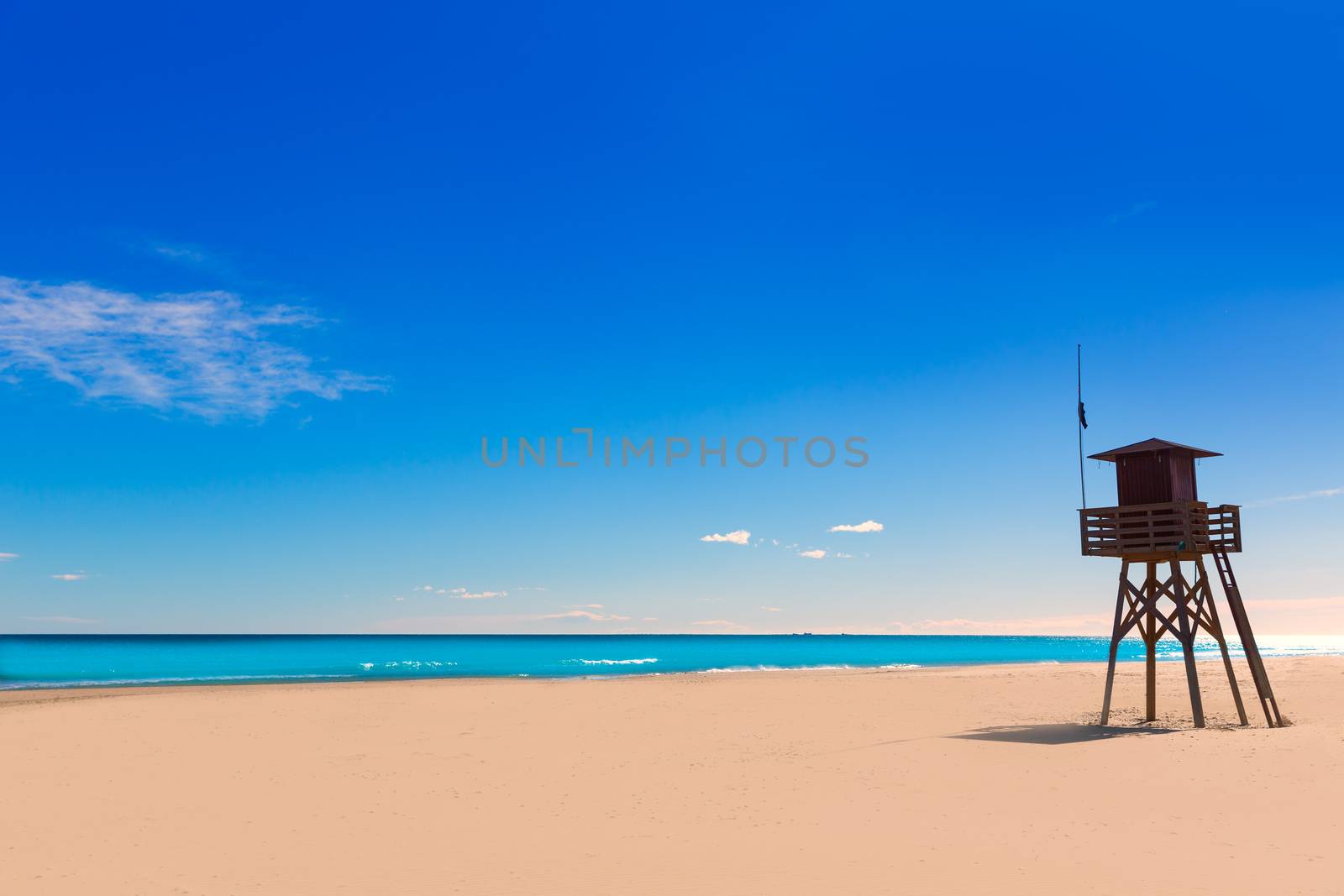 Canet de Berenguer beach in Valencia lifeguard house at mediterranean Spain