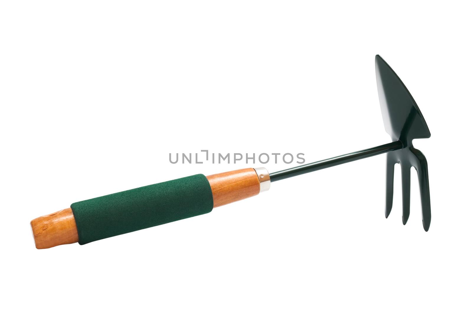 Green gardening hoe on a white background
