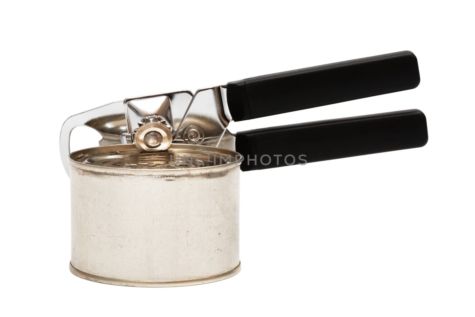 tin and can opener on a white background