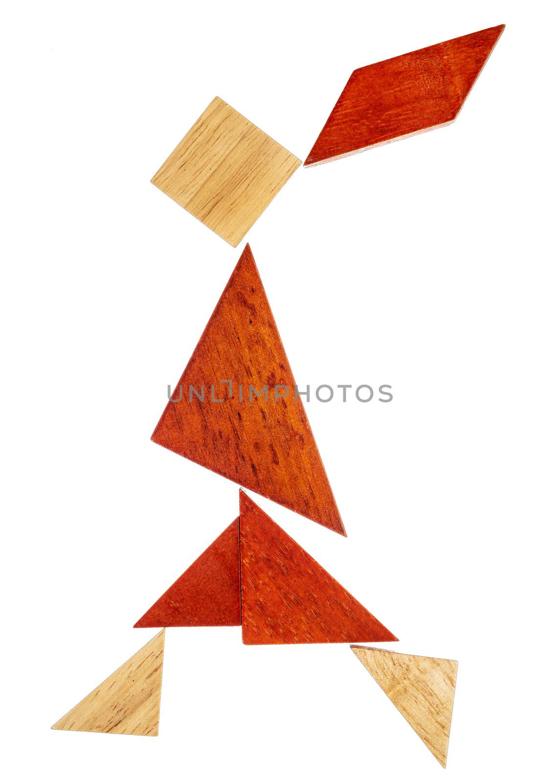 abstract figure of a walking or running girl built from seven tangram wooden pieces, a traditional Chinese puzzle game, isolated on white