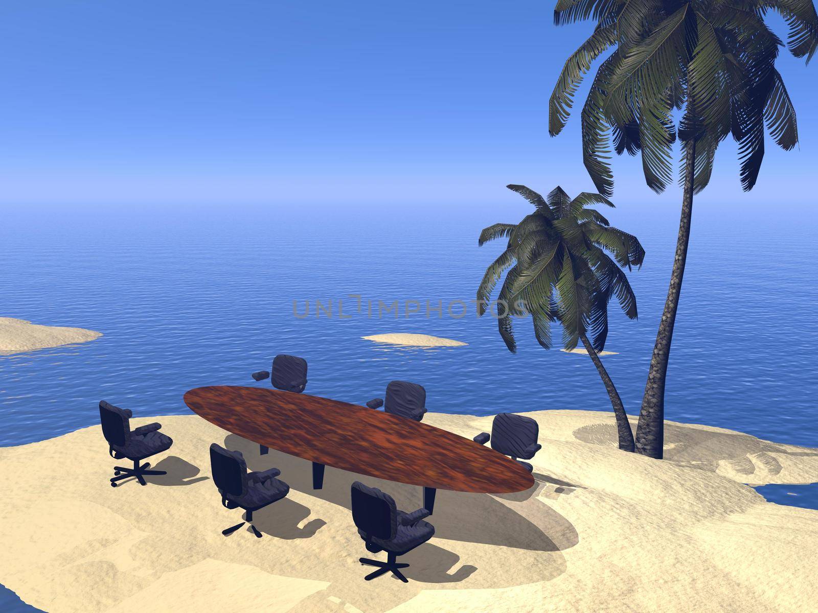 Business table and chairs for meeting on an island in middle of the ocean