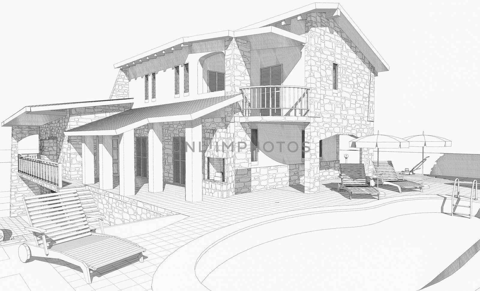 Sketch: house with pool and garden