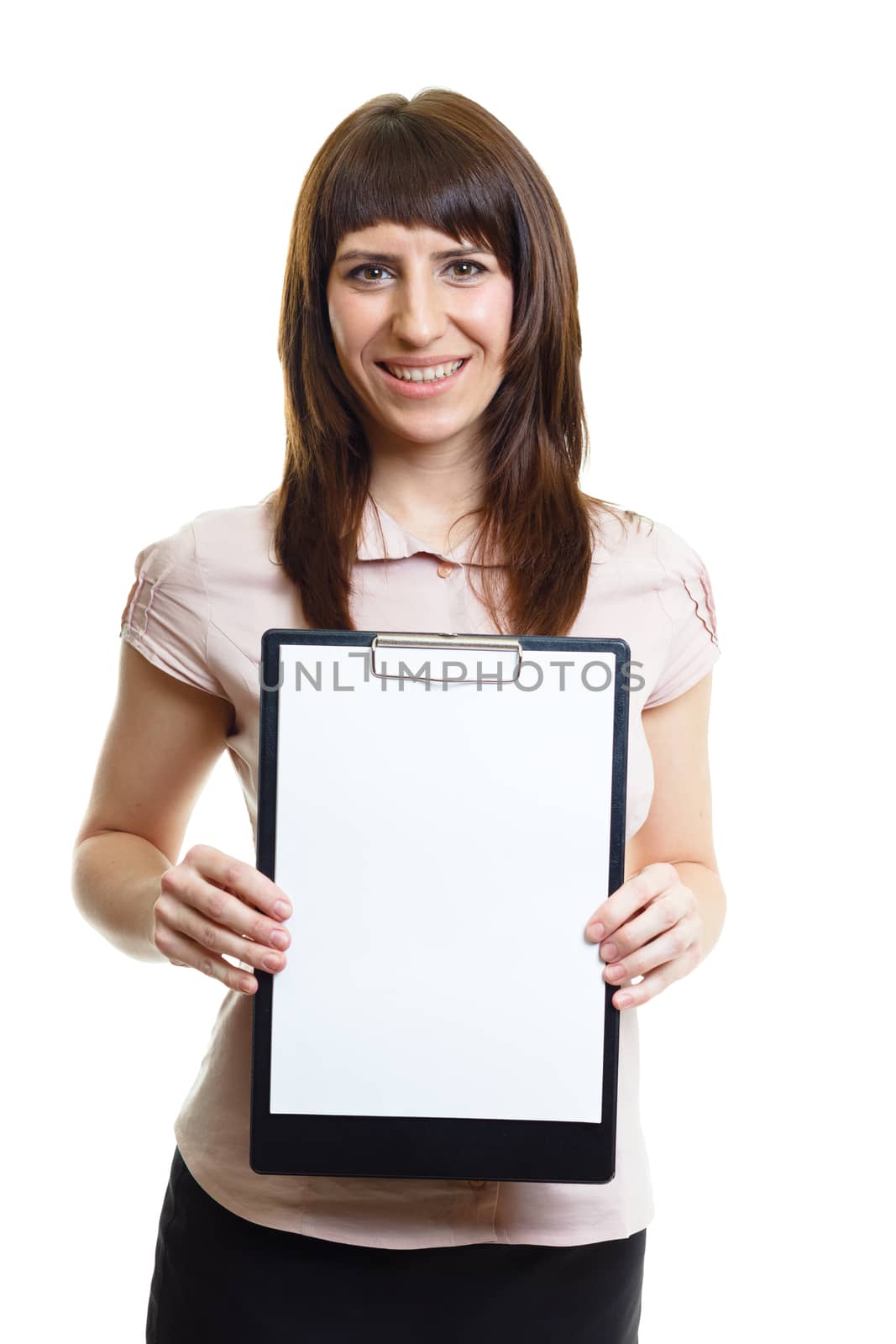 Smiling confident attractive girl with a folder on a white background