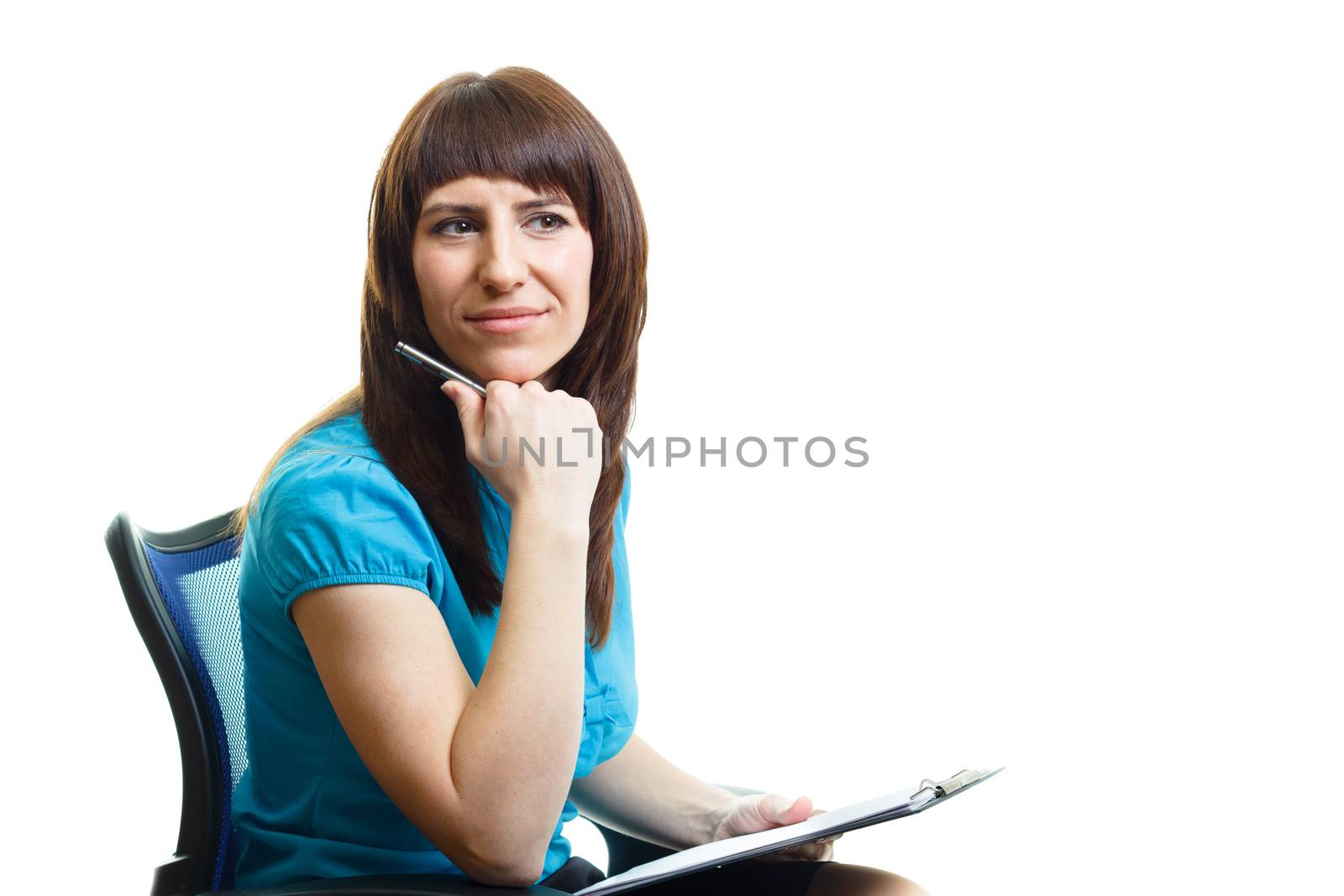 Smiling attractive girl with a folder on a white background