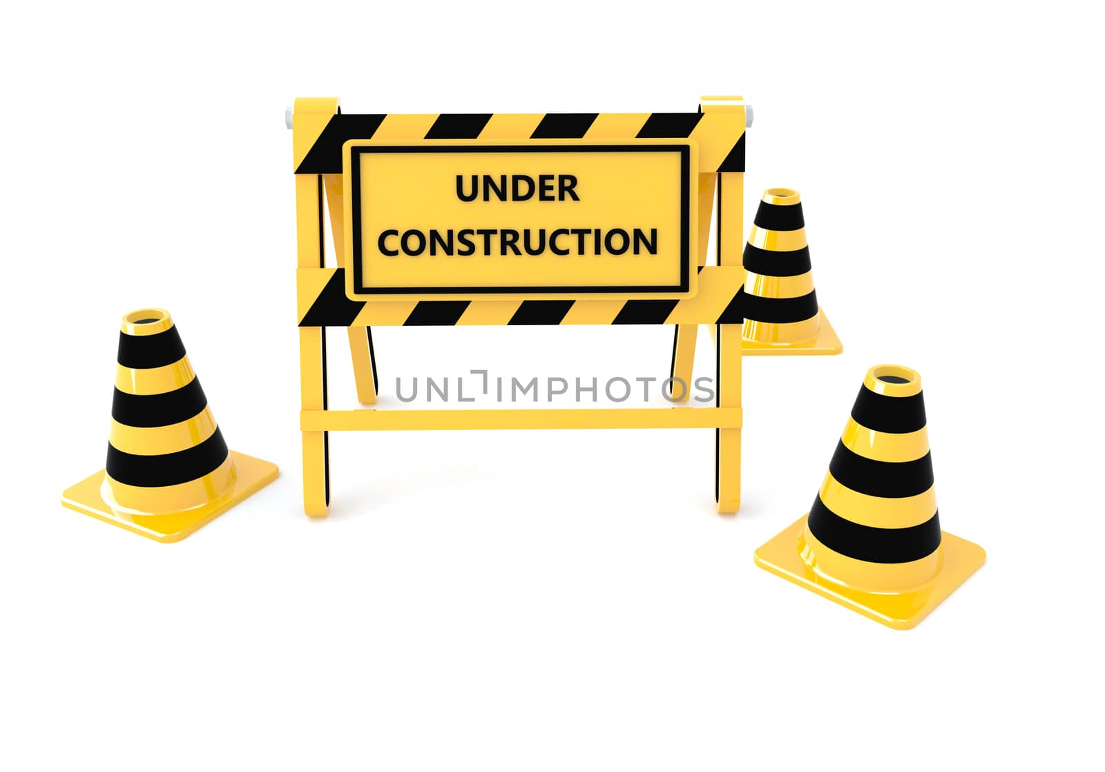 3D Under construction warning sign with white background