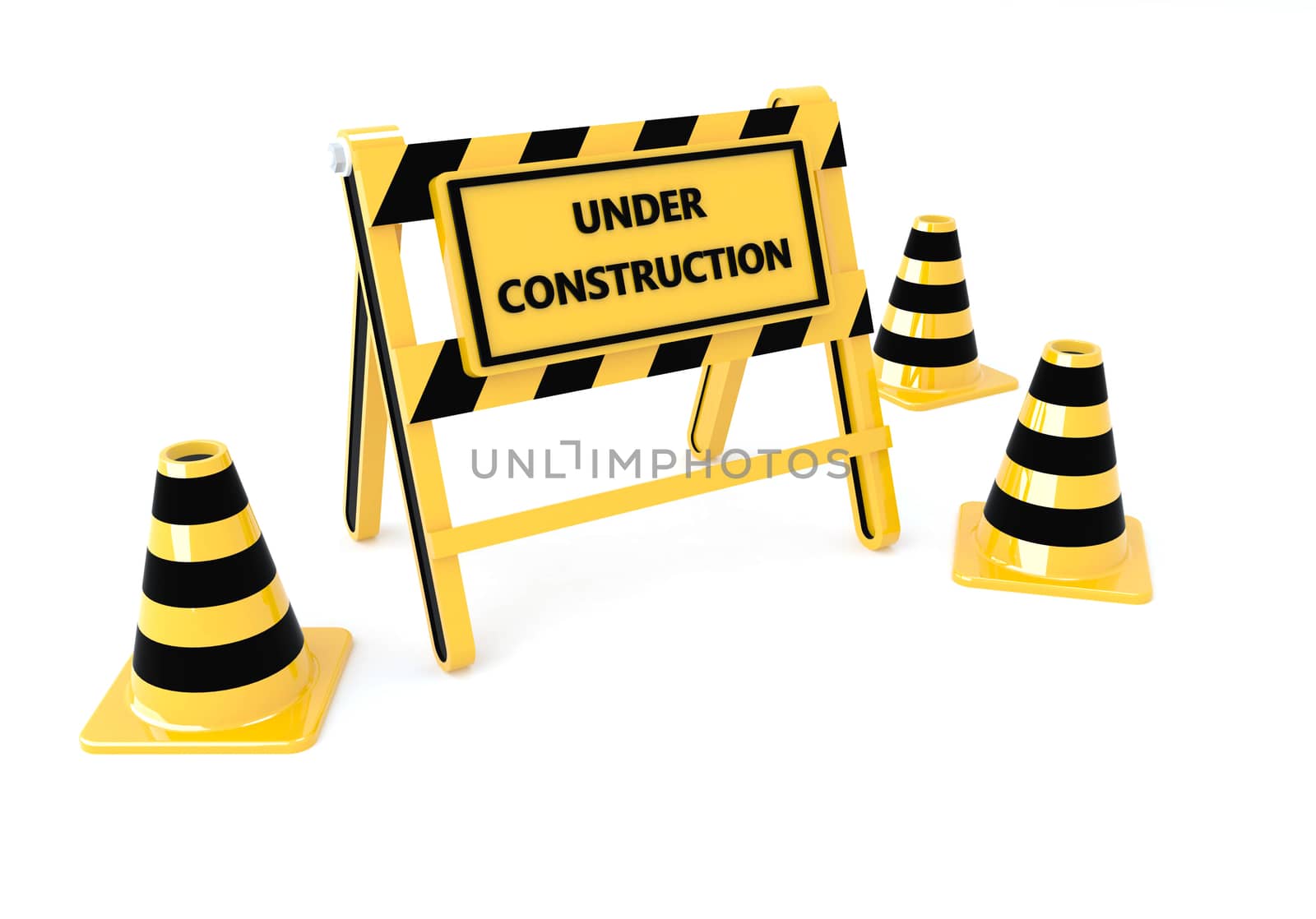 3D Under construction warning sign with white background