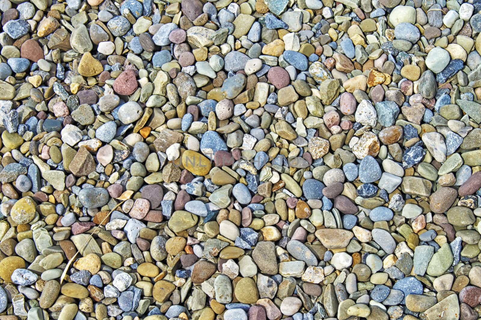 Closeup of water worn beach stones with differing shapes, sizes, and colors. Interesting texture.