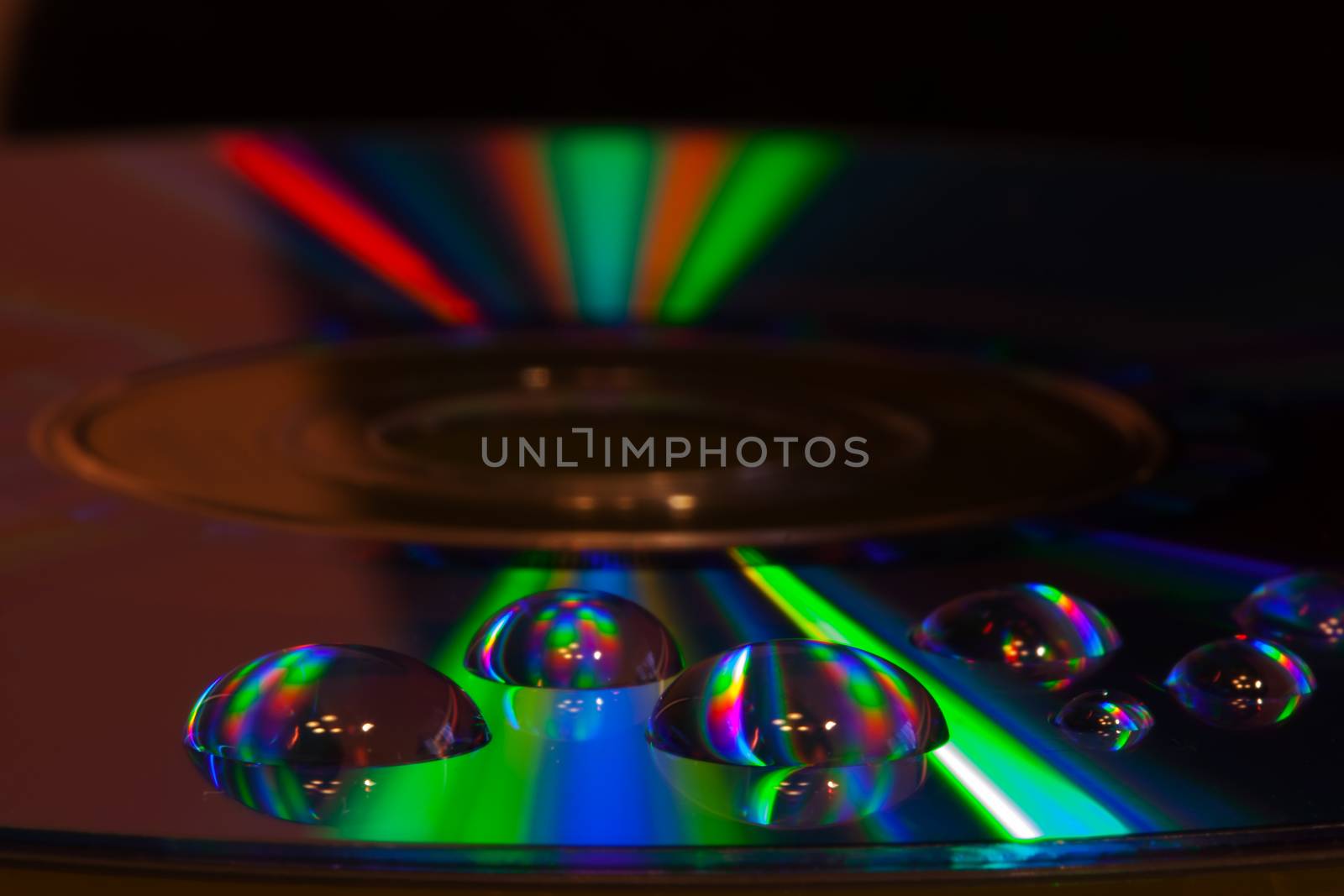 Abstract music background, colorful water drops on CD/DVD disc 