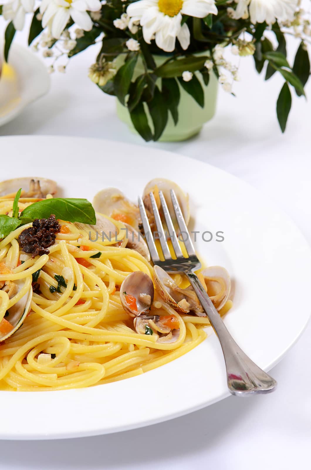 Spaghetti with mussels in bowls close up