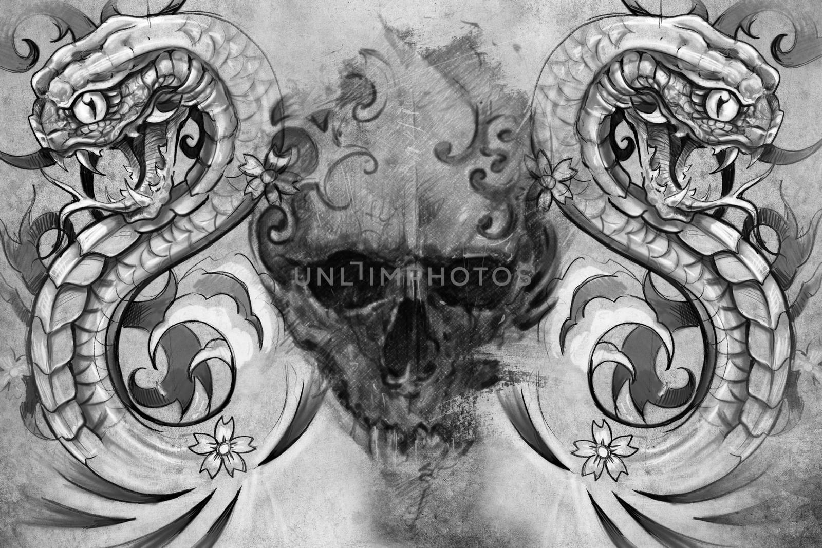 Skull and snakes. Tattoo design over grey background. textured b by FernandoCortes