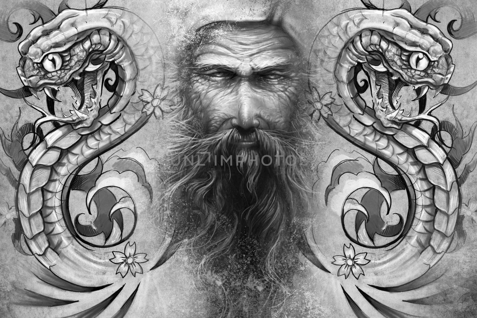 Tattoo design over grey background. textured backdrop. Artistic image