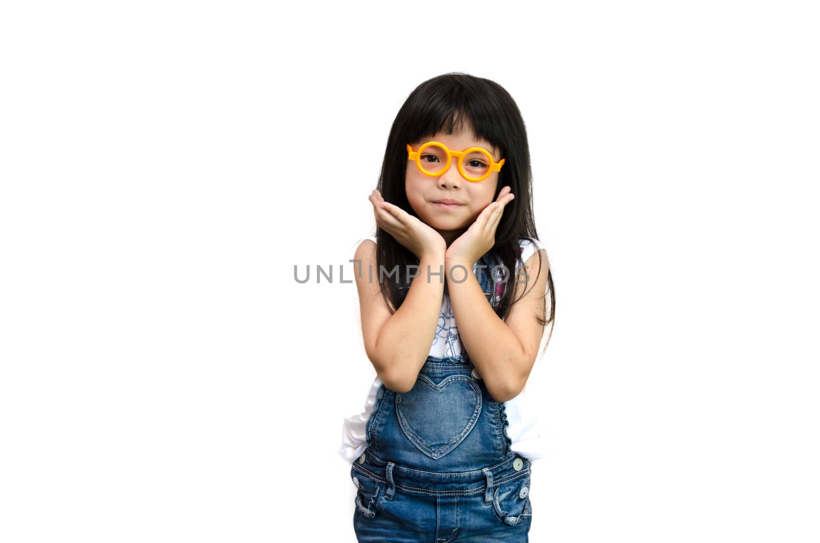 Young girl smiling orange glasses isolated white background.