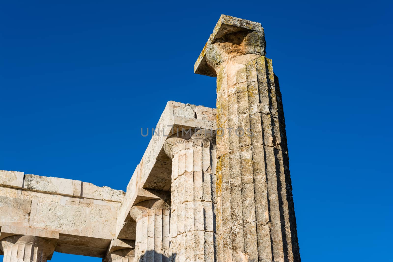 Close-up of Zeus temple pillars in the ancient Nemea, Greece