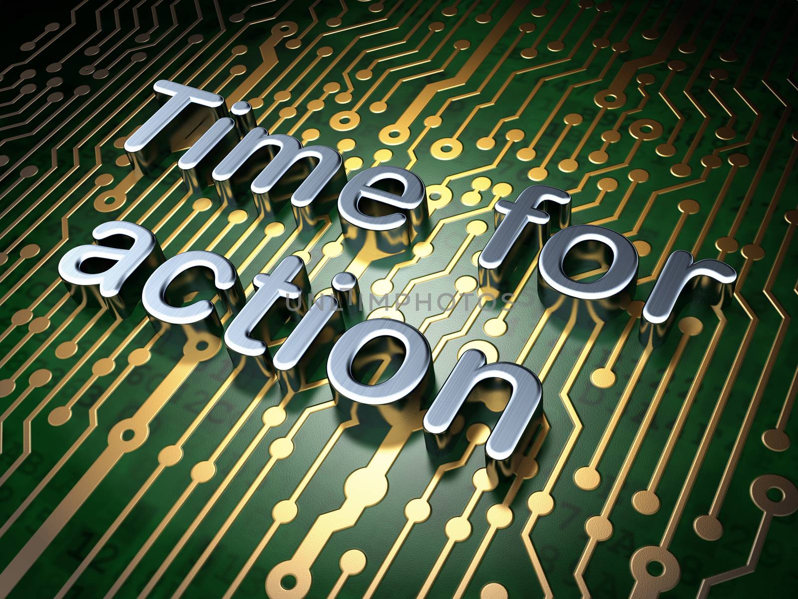 Timeline concept: circuit board with word Time for Action, 3d render