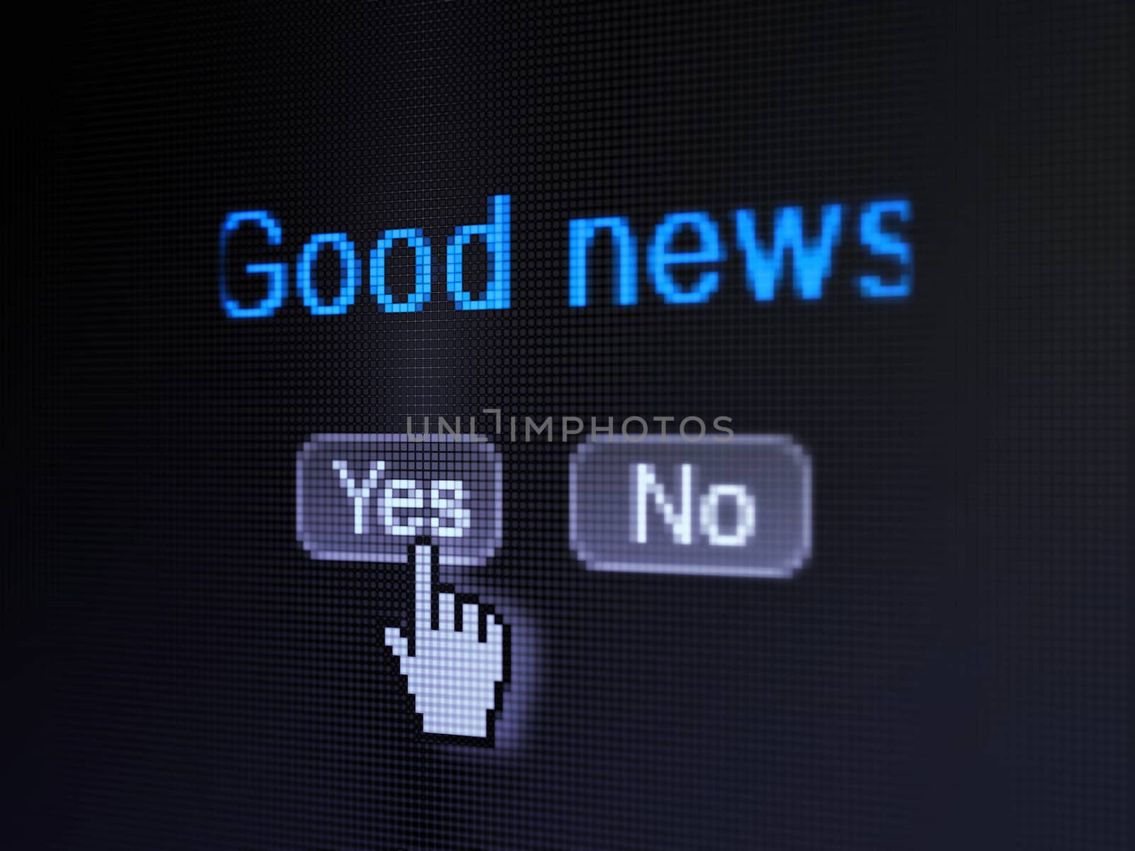 News concept: buttons yes and no with pixelated word Good News and Hand cursor on digital computer screen, selected focus 3d render