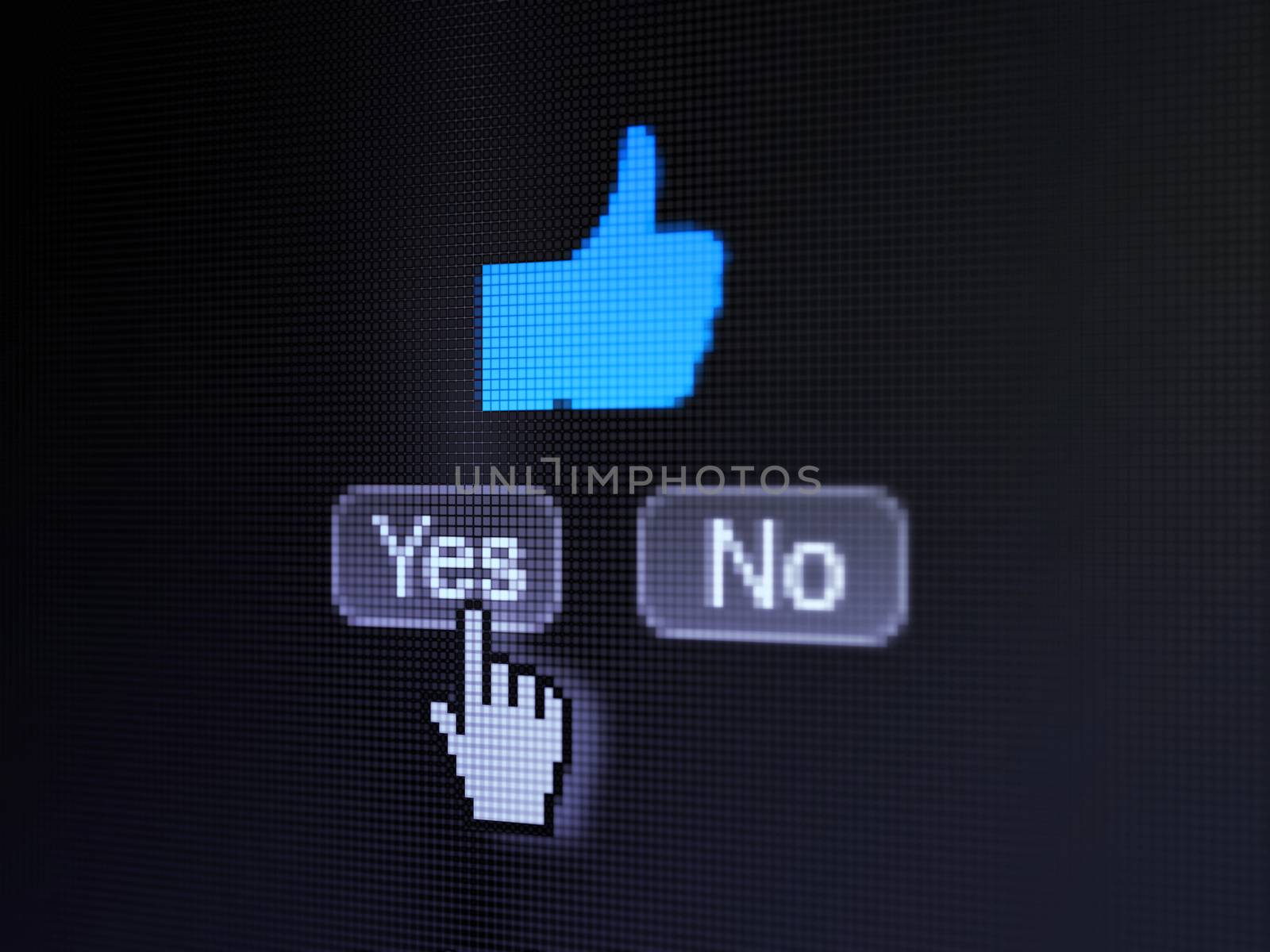 Social network concept: buttons yes and no with pixelated Thumb Up icon and Hand cursor on digital computer screen, selected focus 3d render