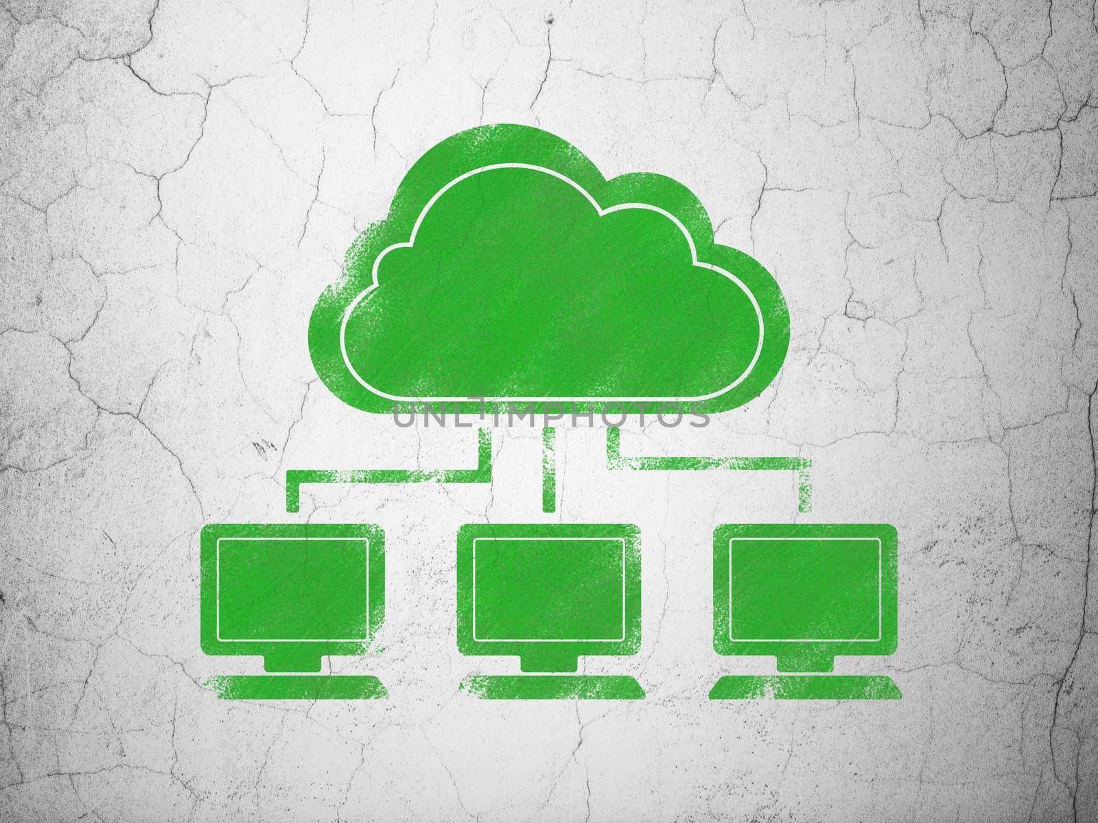 Cloud networking concept: Green Cloud Network on textured concrete wall background, 3d render