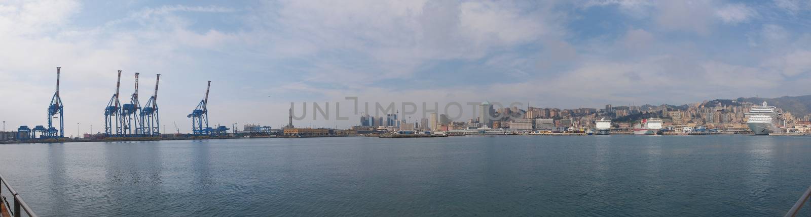 Wide panoramic view of the city of Genoa skyline from the sea