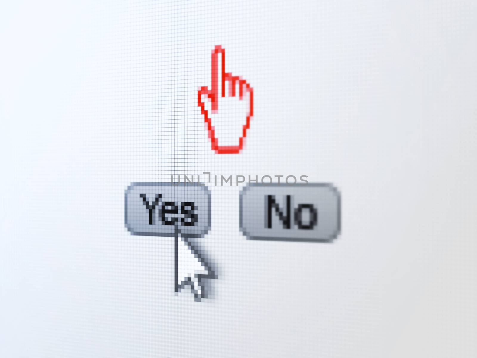 Social media concept: buttons yes and no with pixelated Mouse Cursor icon and Arrow cursor on digital computer screen, selected focus 3d render