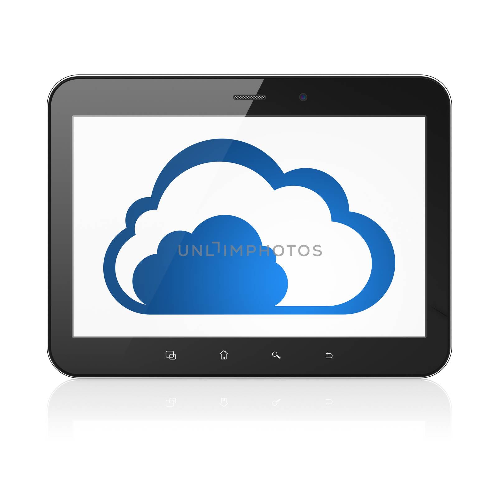 Cloud networking concept: black tablet pc computer with Cloud icon on display. Modern portable touch pad on White background, 3d render
