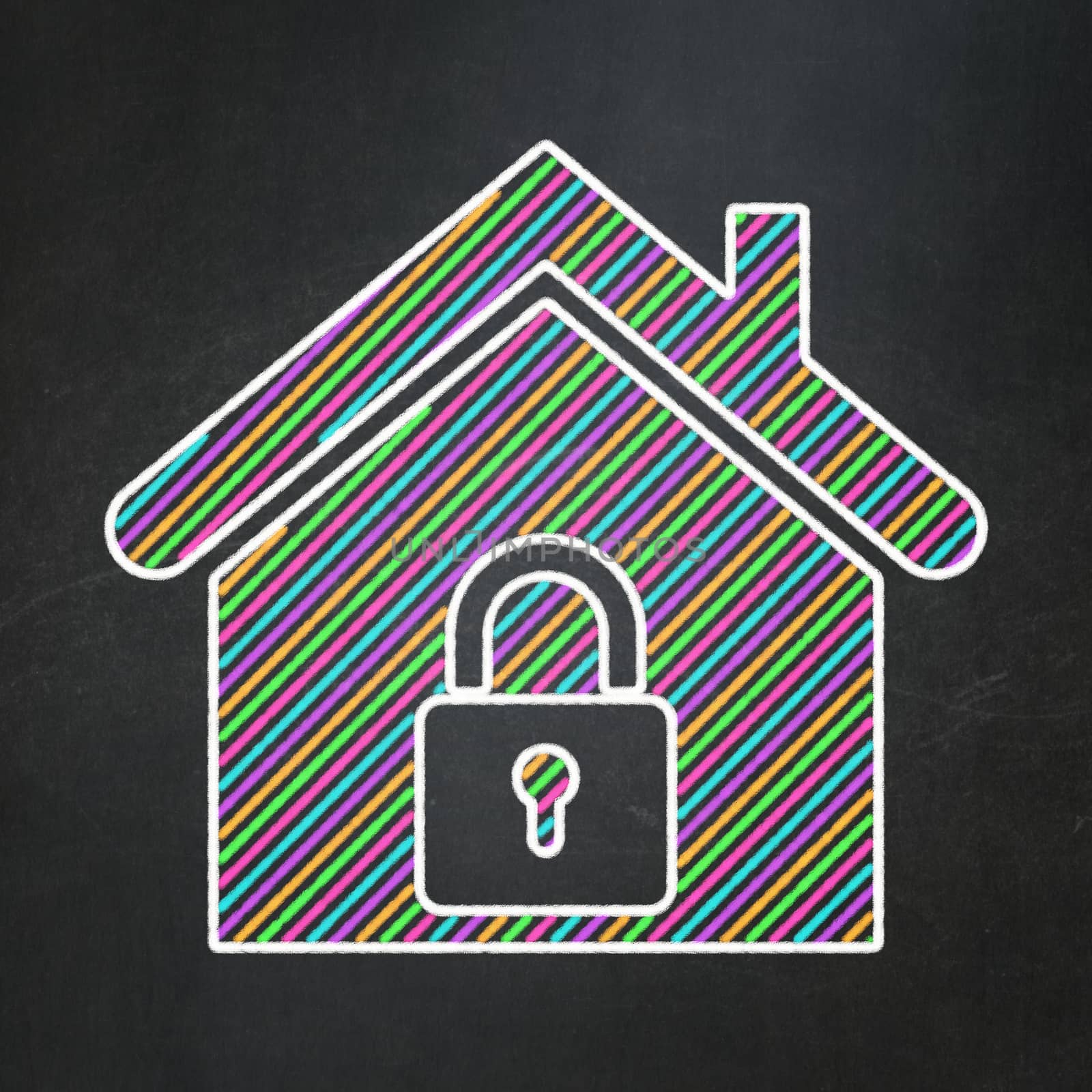 Privacy concept: Home icon on Black chalkboard background, 3d render
