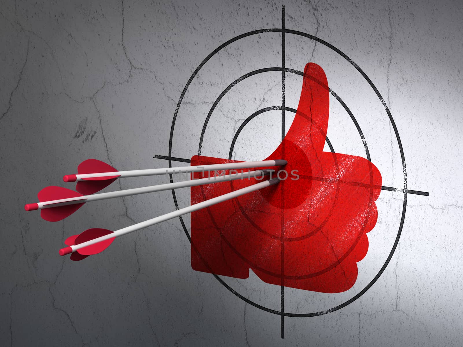 Success social network concept: arrows hitting the center of Red Thumb Up target on wall background, 3d render